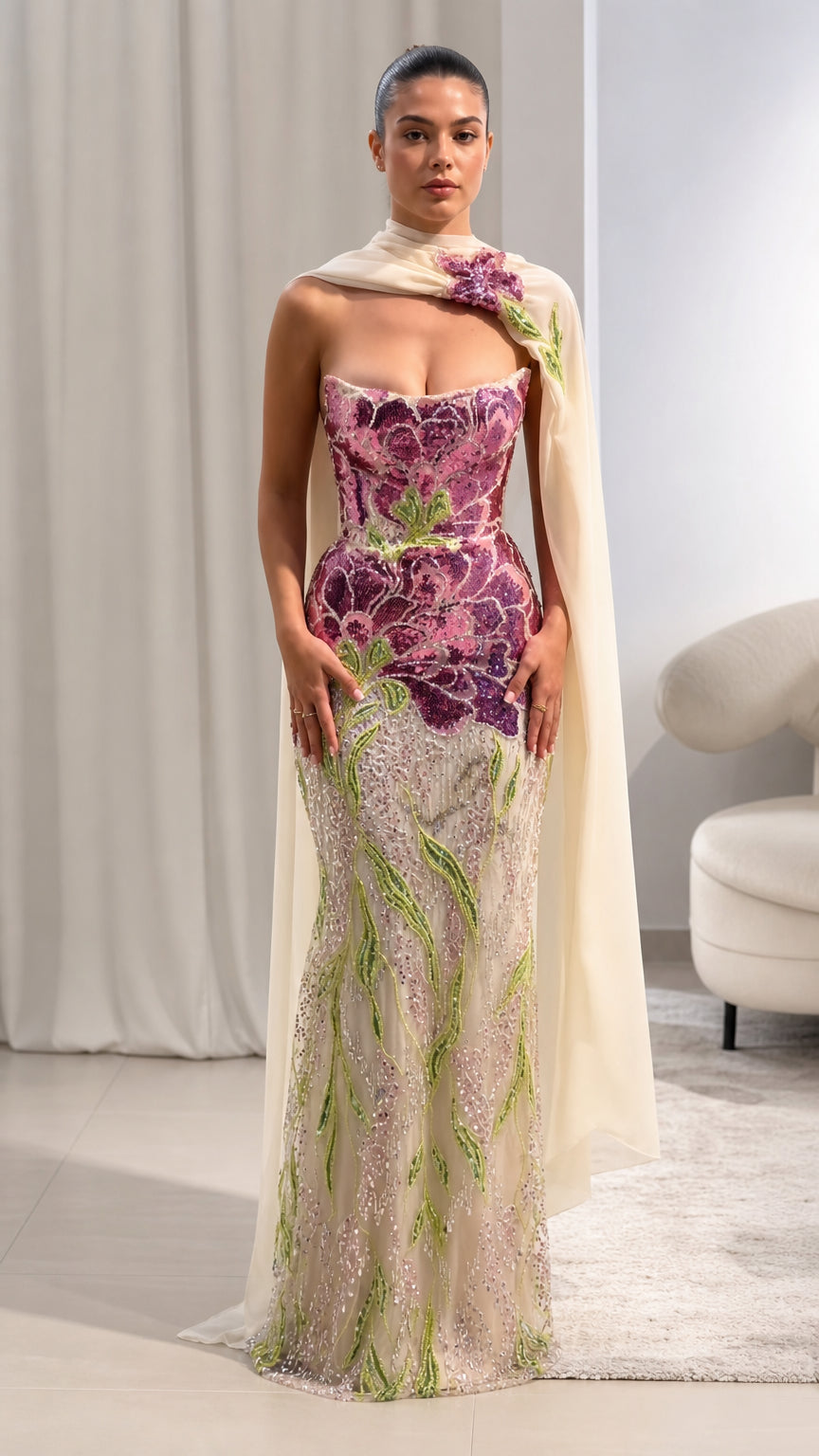 Strapless Floral Beaded Evening Gown with Matching Chiffon Cape Scarf