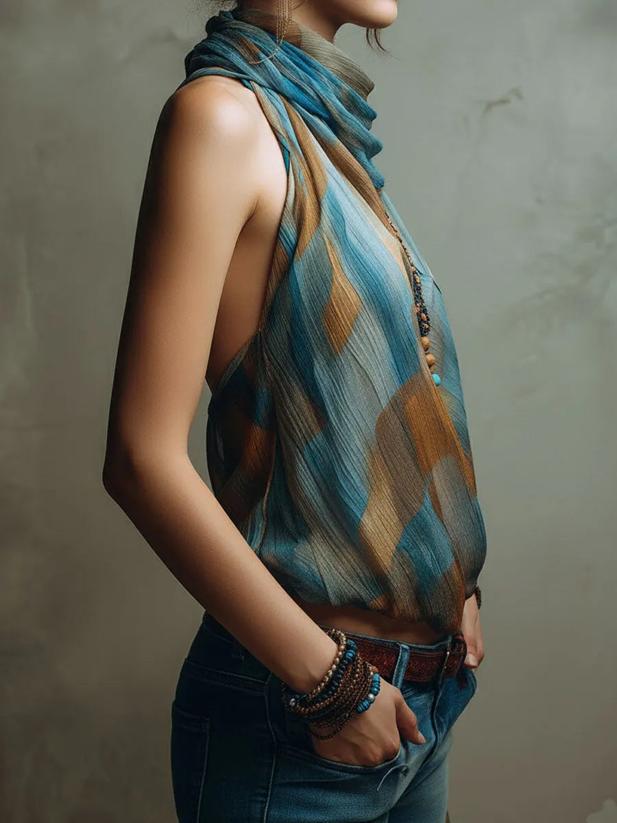 Boho Blue And Amber Chiffon Halter Blouse With Scarf Neck