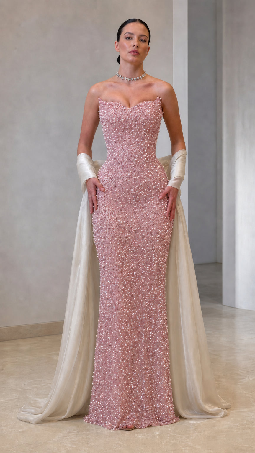 Strapless Pearl Embellished Evening Gown with Draped Shawl Train