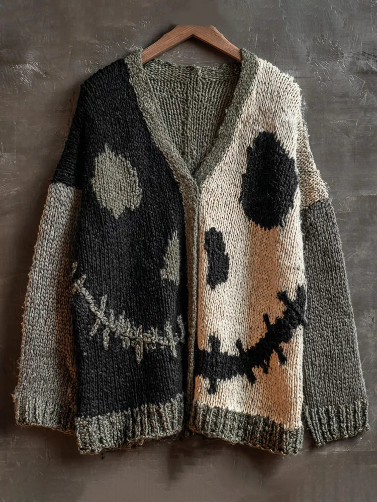 Halloween Spooky Face Contrast Stitching Cozy Knitted Sweater Cardigan