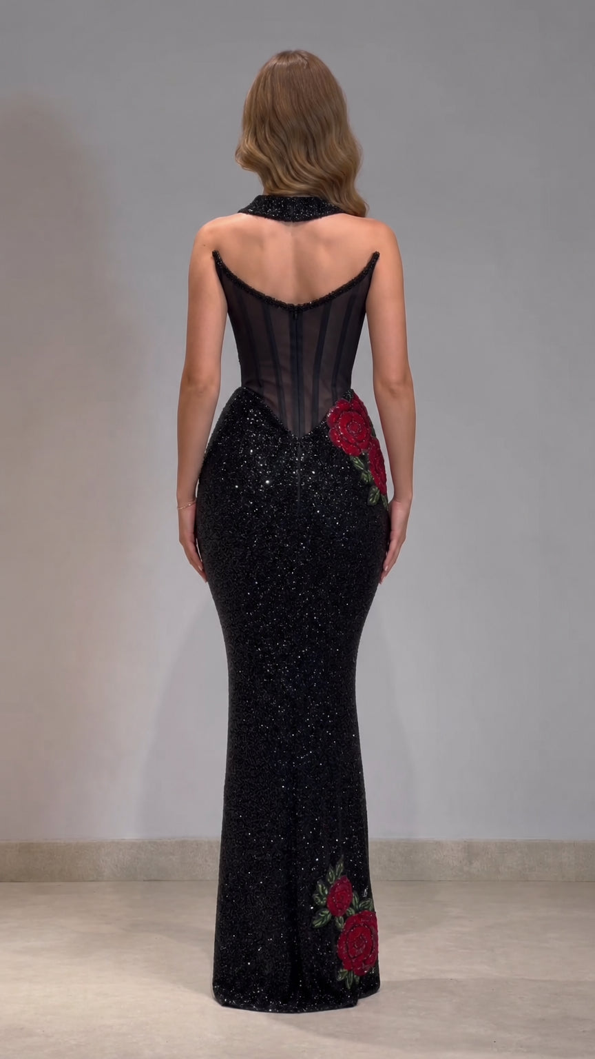 Embroidered Rose Boned Corset Sequin Mermaid Evening Gown with Choker