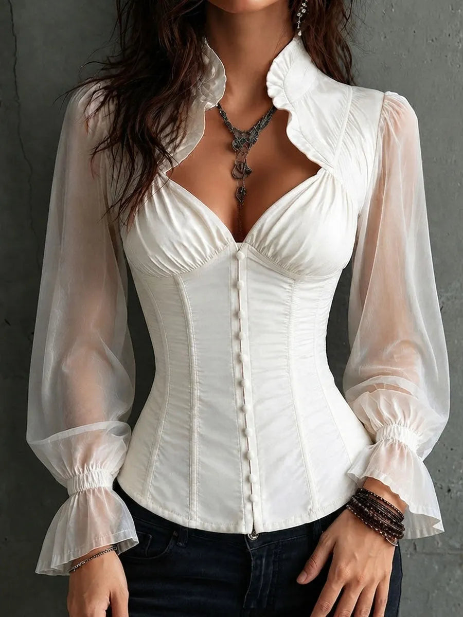 Retro Romantic White Sheer Sleeve Corset Blouse Ruffled Collar