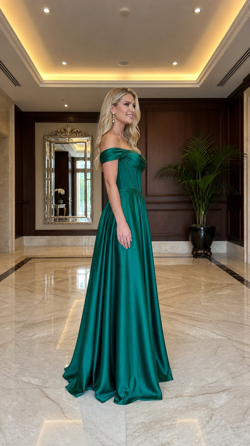 Off-The-Shoulder Corset Satin Maxi Dress with High Slit