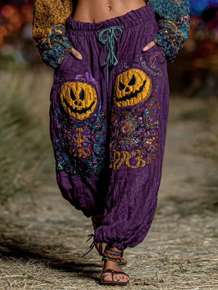 Bohemian Halloween Themed Pumpkin Embroidered Linen Pants