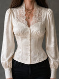Romantic Ivory Jacquard Scalloped Lace Collar Corset Blouse