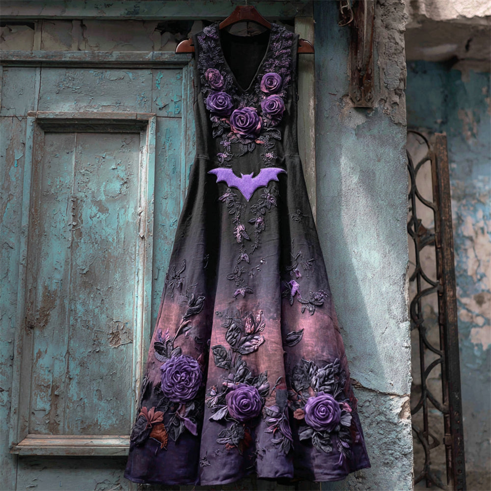 Vintage Halloween Bat & Dark Rose Gradient Women's Vest Midi Dress