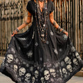 Day Of The Dead Skull Flower Print V-neck Retro Black Short Sleeve A-line Long Dress