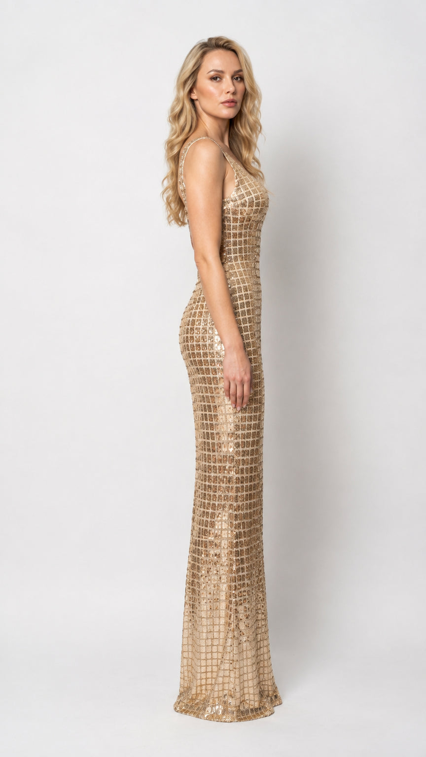 Square Neck Sequin Grid Maxi Column Evening Dress