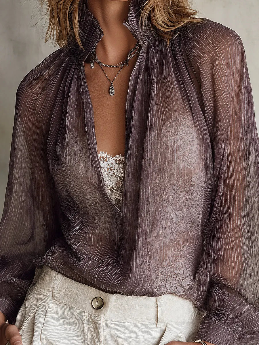 Vintage-style Striped Lantern Sleeves Chiffon Blouse With A Lace Lining
