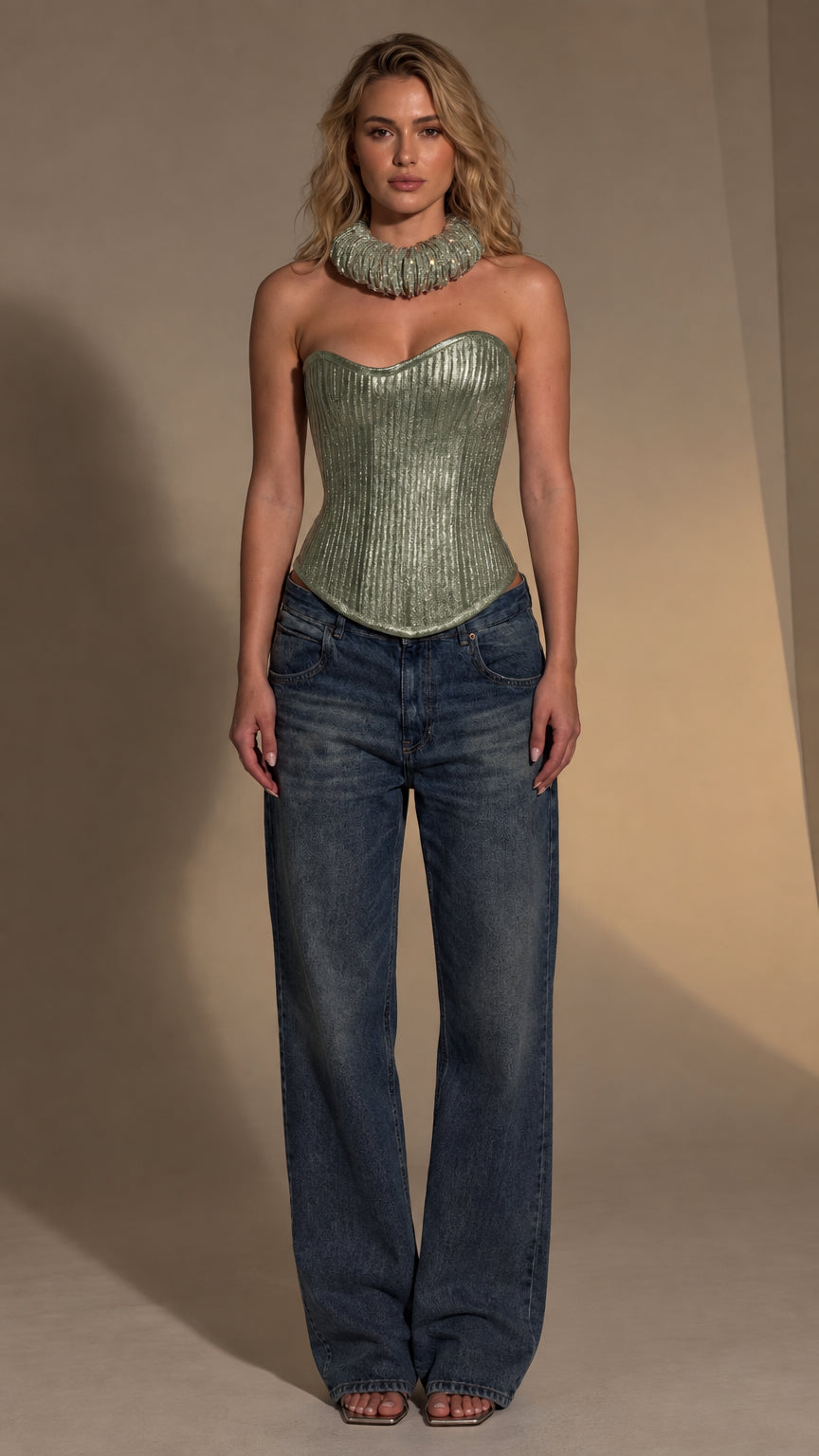 Metallic Pleated Strapless Corset Top with Lace-Up Detail
