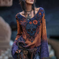 Rose Skull Rhinestone Contrast V Neck T-shirt