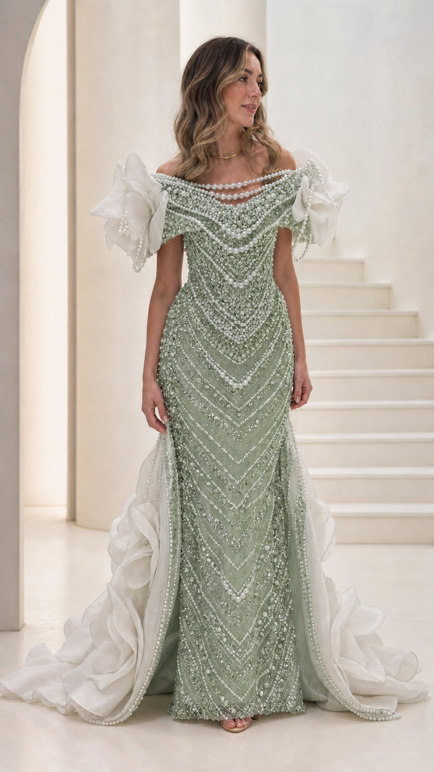 Off-the-Shoulder Pearl Beaded Mermaid Evening Gown with 3D Floral Train