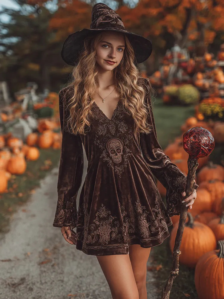 Women's Classic Velvet Halloween Skull Art Comfy Velvet Long Sleeve Mini Dress