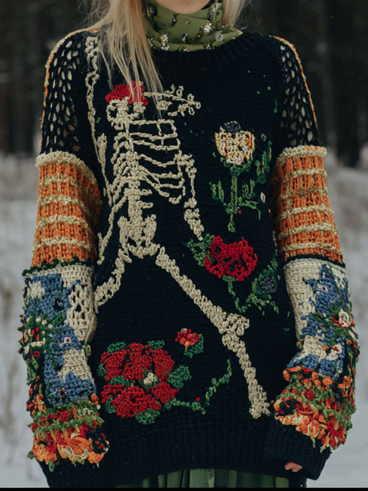 Women's Halloween Skull Floral Pattern Knitted Turtleneck Sweater