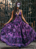 Ladies' Halloween Skull And Rose Vintage-style Long Dress With Straps
