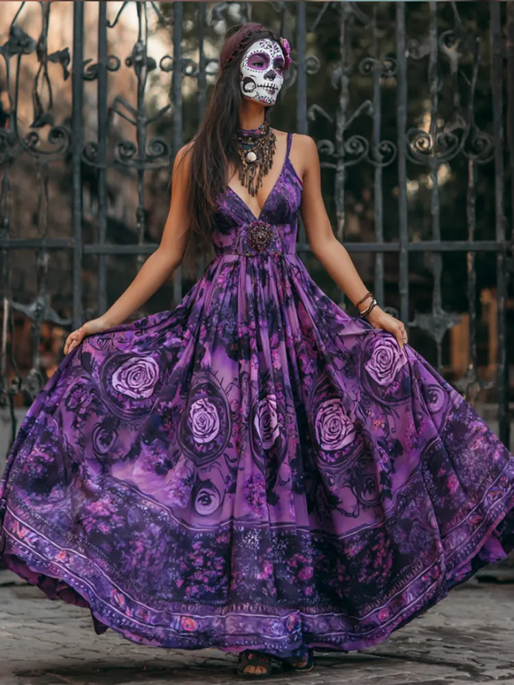 Ladies' Halloween Skull And Rose Vintage-style Long Dress With Straps