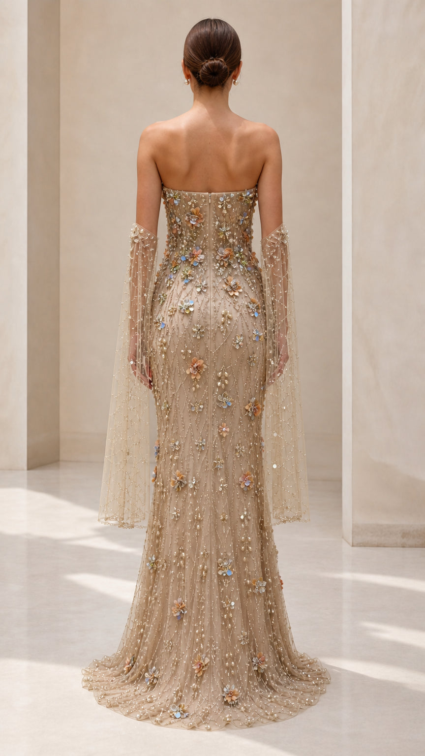 Strapless 3D Floral Embellished Mermaid Evening Gown with Draped Cape Sleeves