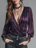 Retro Striped Satin Blouse With A Crossover Neckline