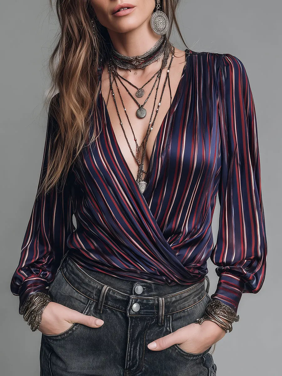 Retro Striped Satin Blouse With A Crossover Neckline