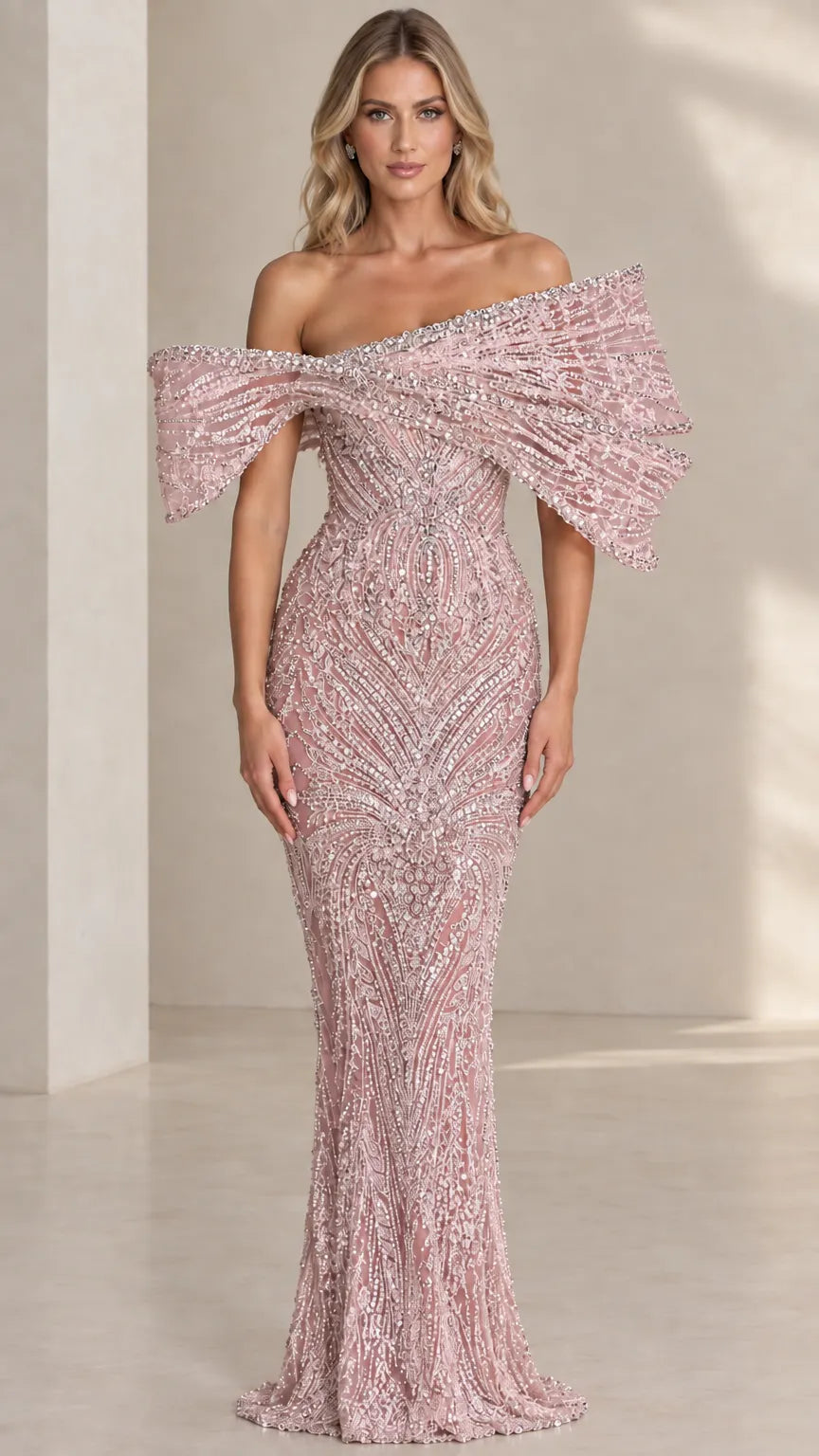 Off-The-Shoulder Beaded Mermaid Evening Gown with Sculpted Capelet Sleeves