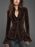 Vintage Chocolate Brown Ruffle Trim Velvet Blazer