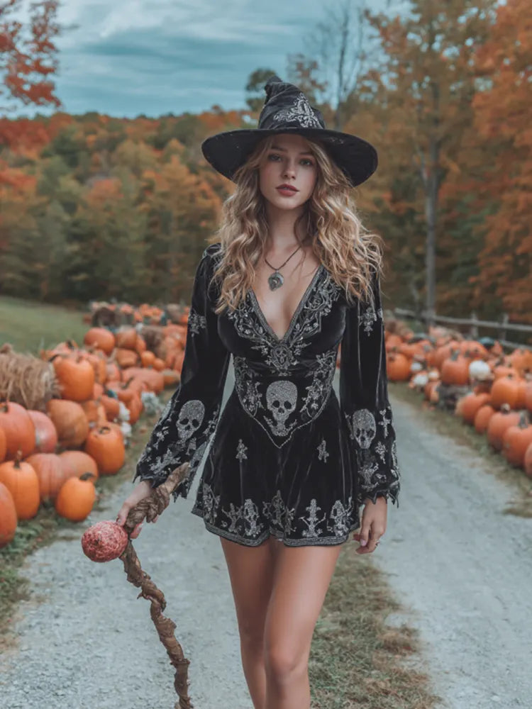 Women's Classic Velvet Halloween Skull Art Comfy Velvet Long Sleeve Mini Dress