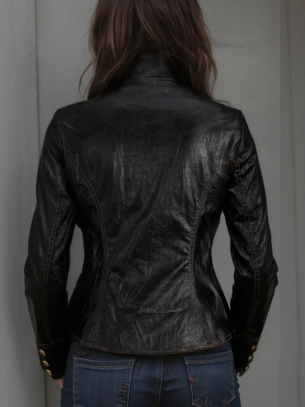 Retro Stand Collar Metal Button Pu Jacket