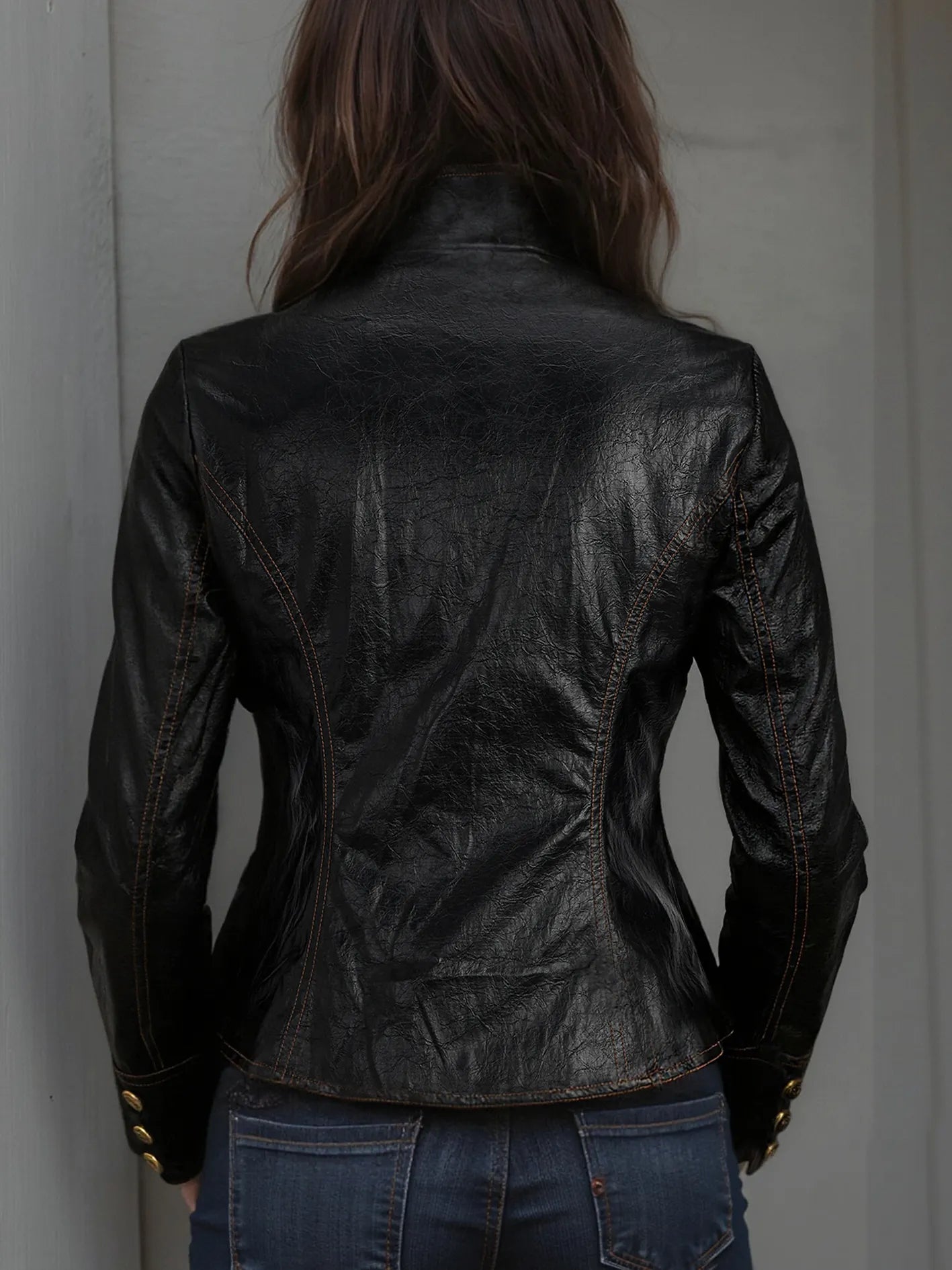 Retro Stand Collar Metal Button Pu Jacket