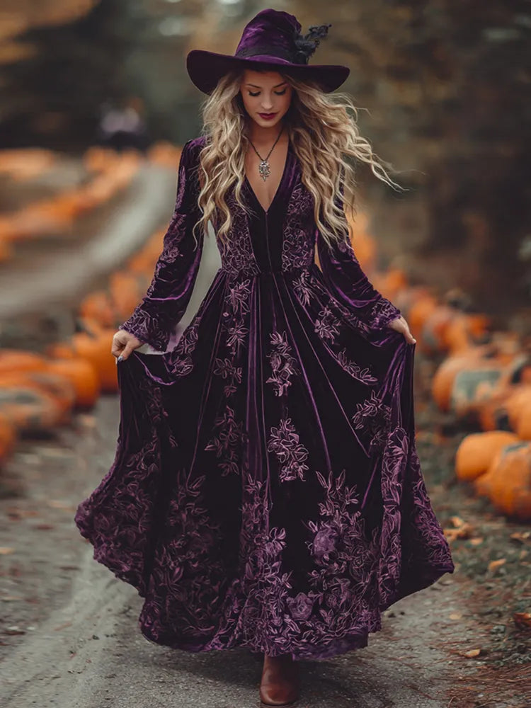 Women's  Vintage Halloween Floral Art Comfy Velvet Maxi Dress