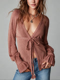 Romantic Dusty Rose Lace Trim Tie-Front Knit Top