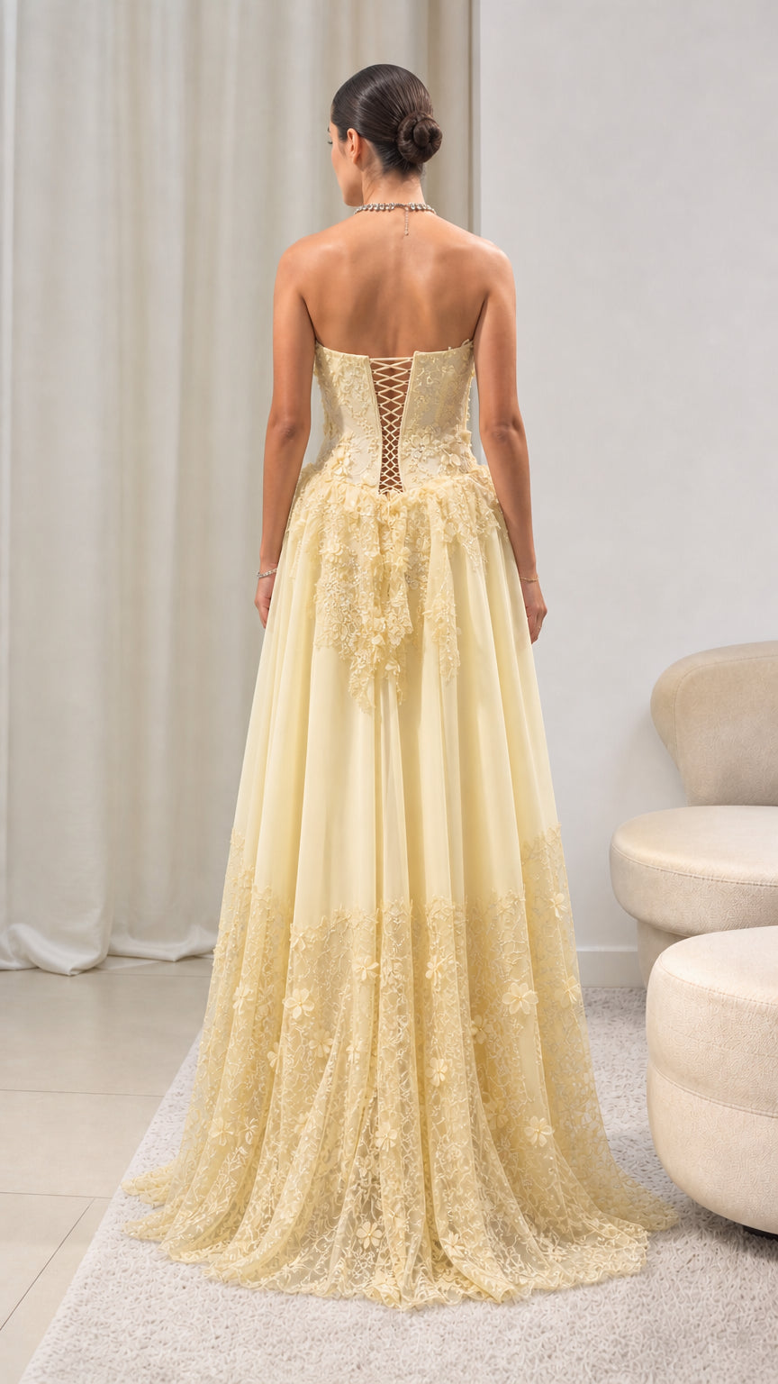 Strapless Floral Appliqué Corset Evening Gown with Tiered Lace Tulle Skirt