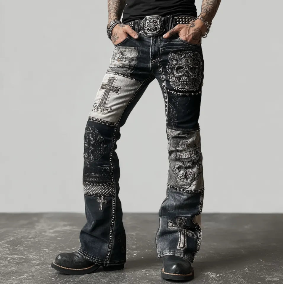 Rock Punk Skull Cross Element Retro Distressed Heavy Workwear Men's Denim Long Pants