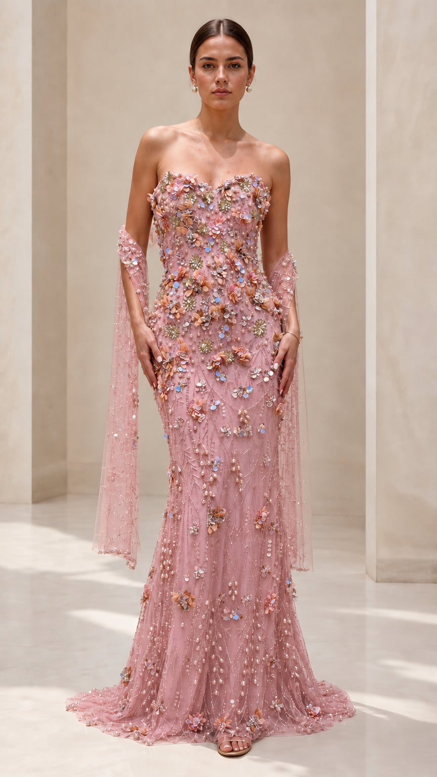 Strapless 3D Floral Embellished Mermaid Evening Gown with Draped Cape Sleeves