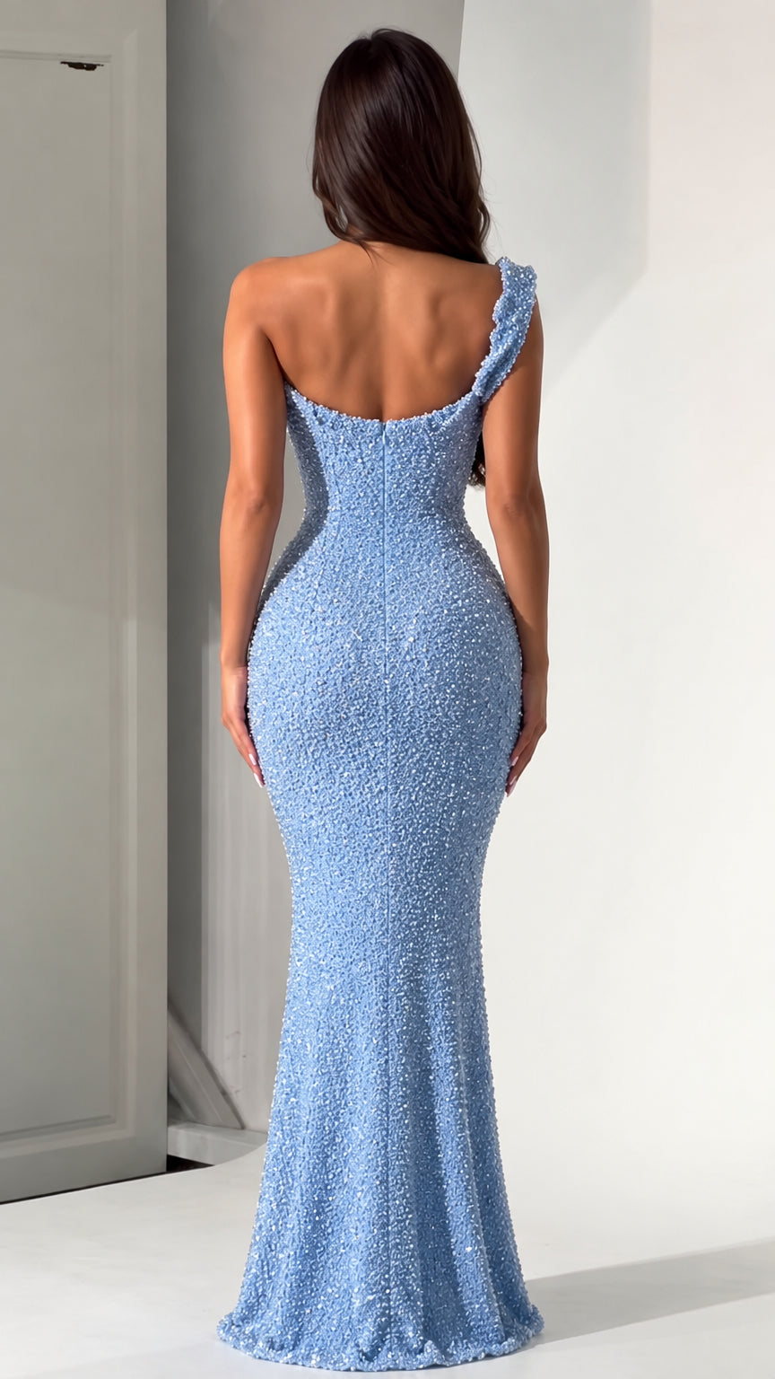 One-Shoulder Beaded Mermaid Evening Gown with Flower Detail