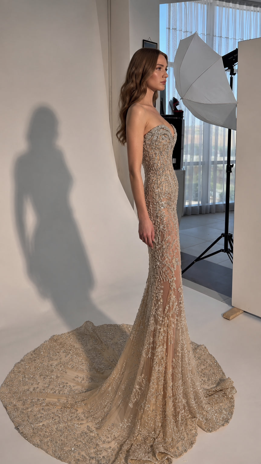 Strapless Beaded Sweetheart Mermaid Evening Gown with Dramatic Train