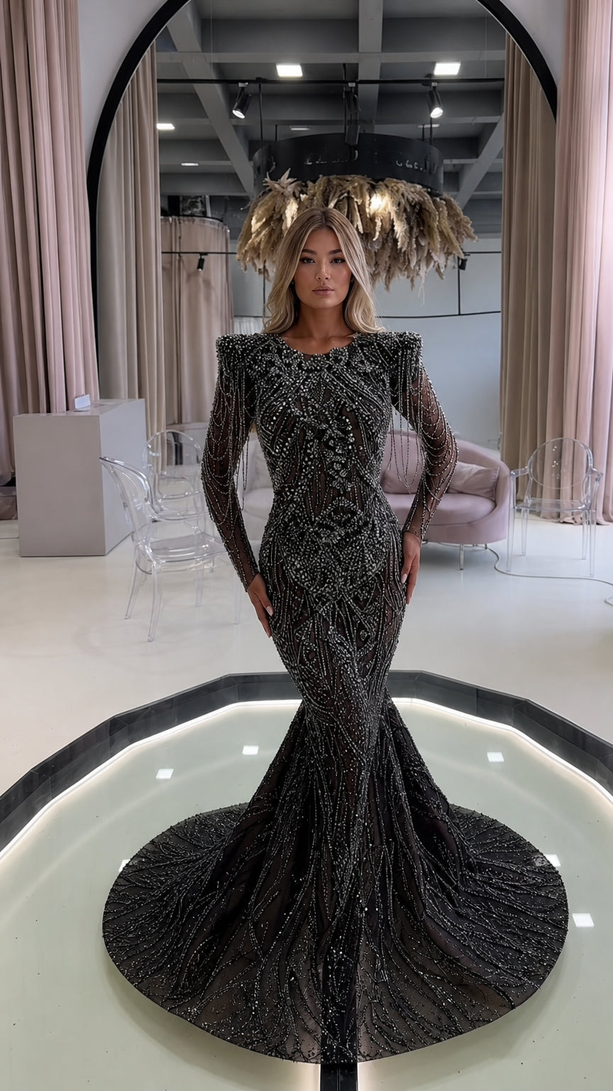 Luxury Beaded Mermaid Evening Gown with Sweep Train