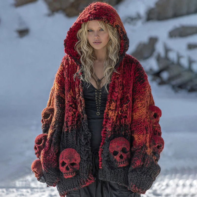 Women's Vintage Viking Tribal Celtic Skull Gradient Art Chunky Knit Hooded Cardigan