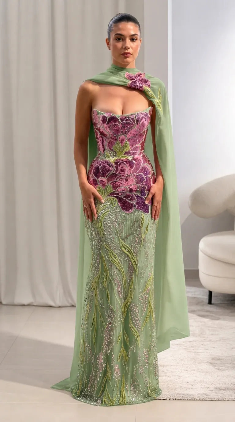 Strapless Floral Beaded Evening Gown with Matching Chiffon Cape Scarf