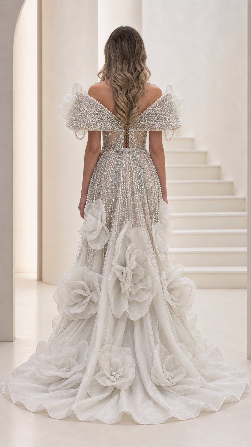 Off-the-Shoulder Pearl Beaded Mermaid Evening Gown with 3D Floral Train