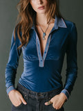 Refined Navy Contrast Trim Velvet Polo Top