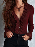 Retro Elegant Burgundy Shimmer Rib Knit Cardigan