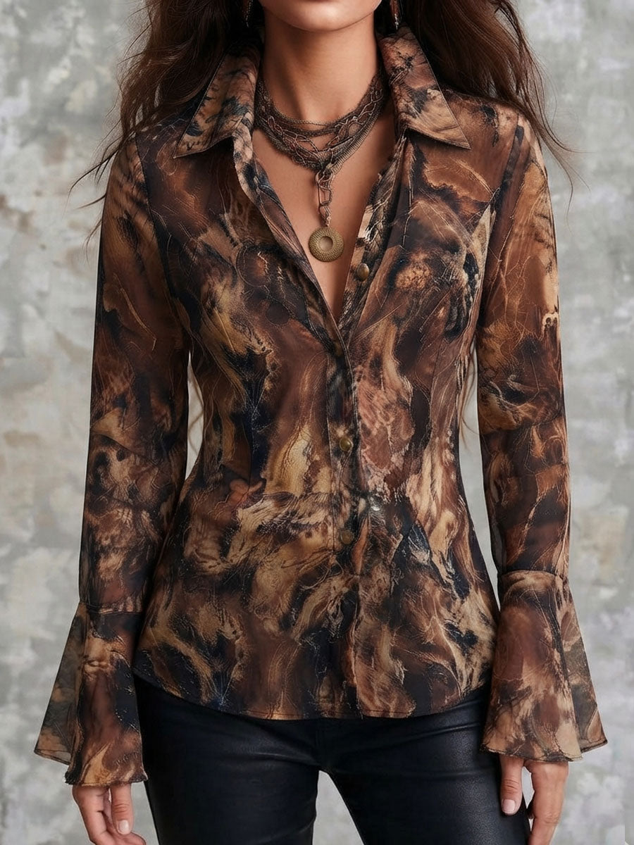Boho Earth Tone Abstract Pattern Chiffon Blouse With Flared Sleeve