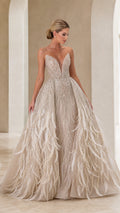 Strapless Plunging V-Neck Beaded Tulle Ball Gown with Feather Accents