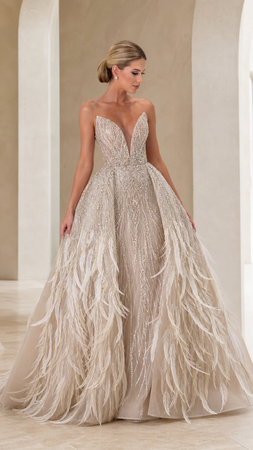 Strapless Plunging V-Neck Beaded Tulle Ball Gown with Feather Accents