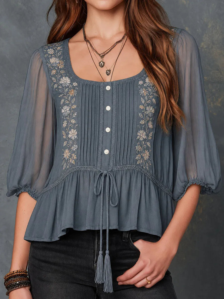 Boho Slate Blue Embroidered Sheer Sleeves Blouse With Tassel Tie
