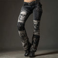 Rock Style Skulls & Cross Patchwork Studded Bootcut Jeans