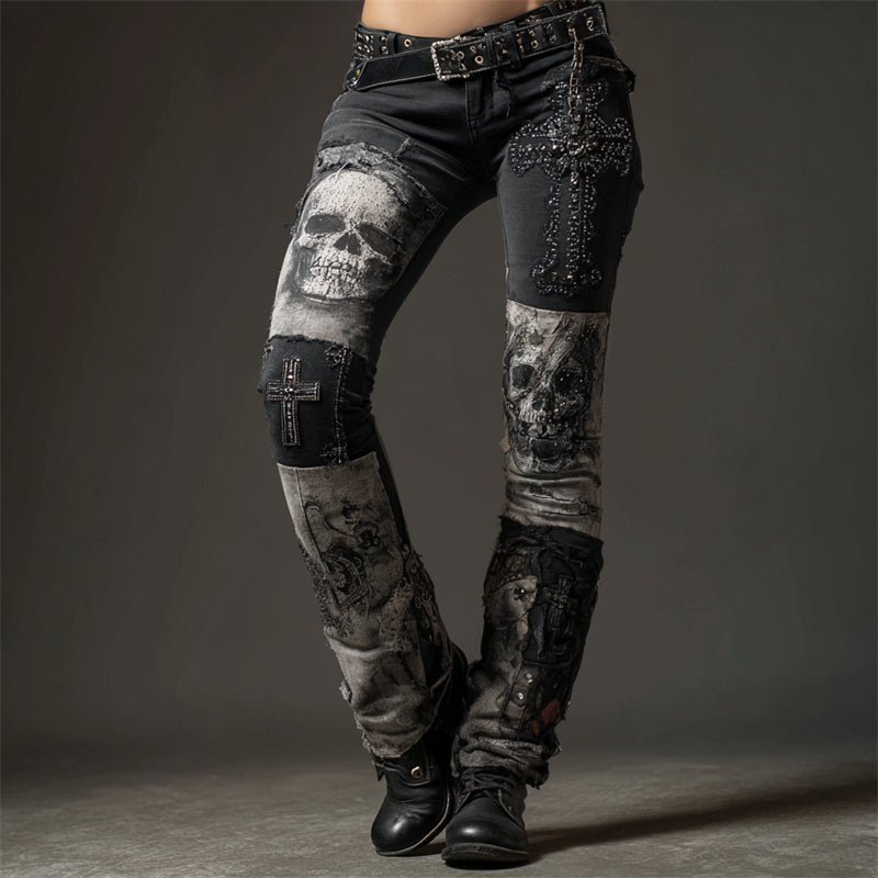 Rock Style Skulls & Cross Patchwork Studded Bootcut Jeans