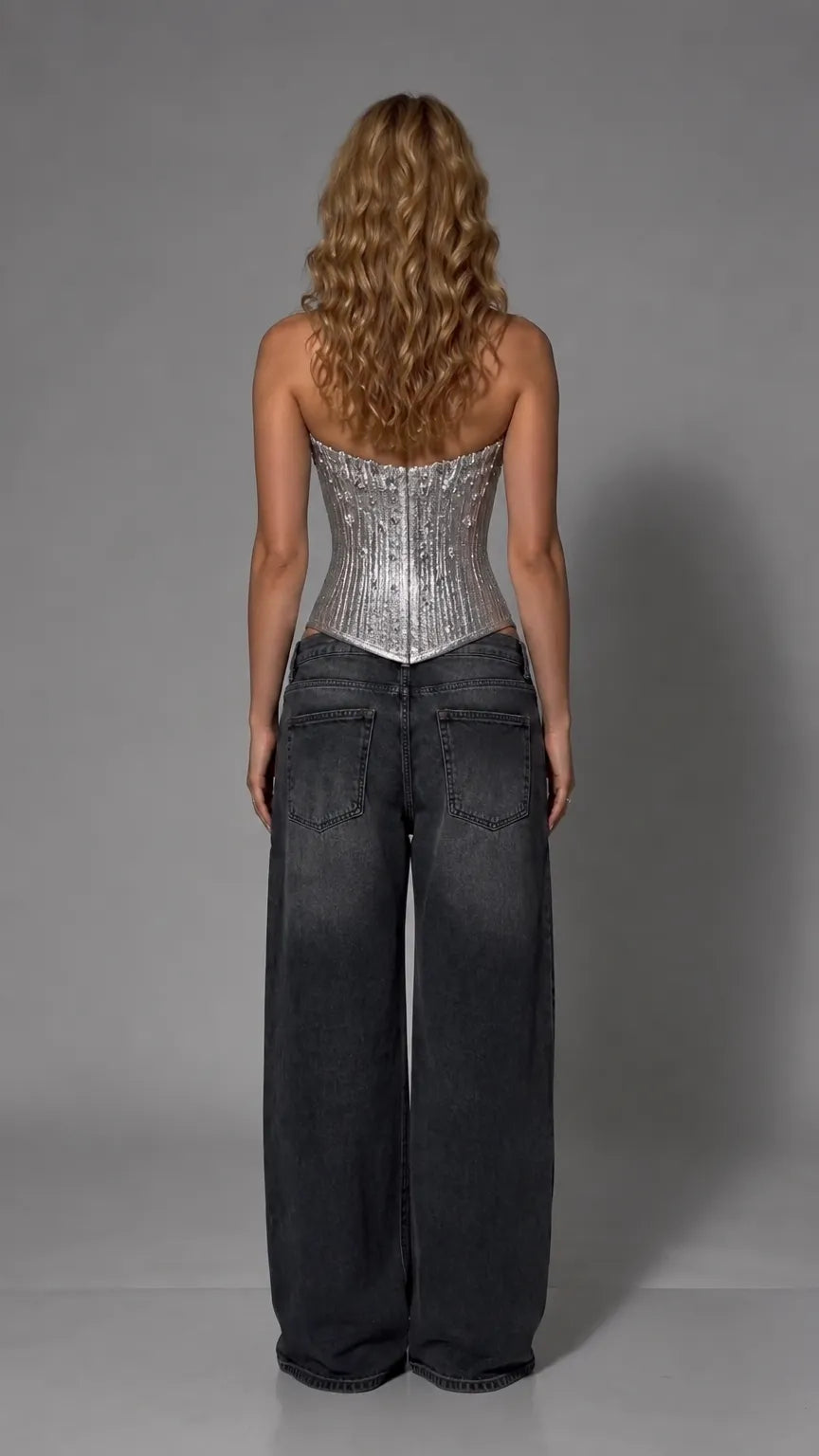 Rhinestone Embellished Plunge Corset Top with Basque Hem