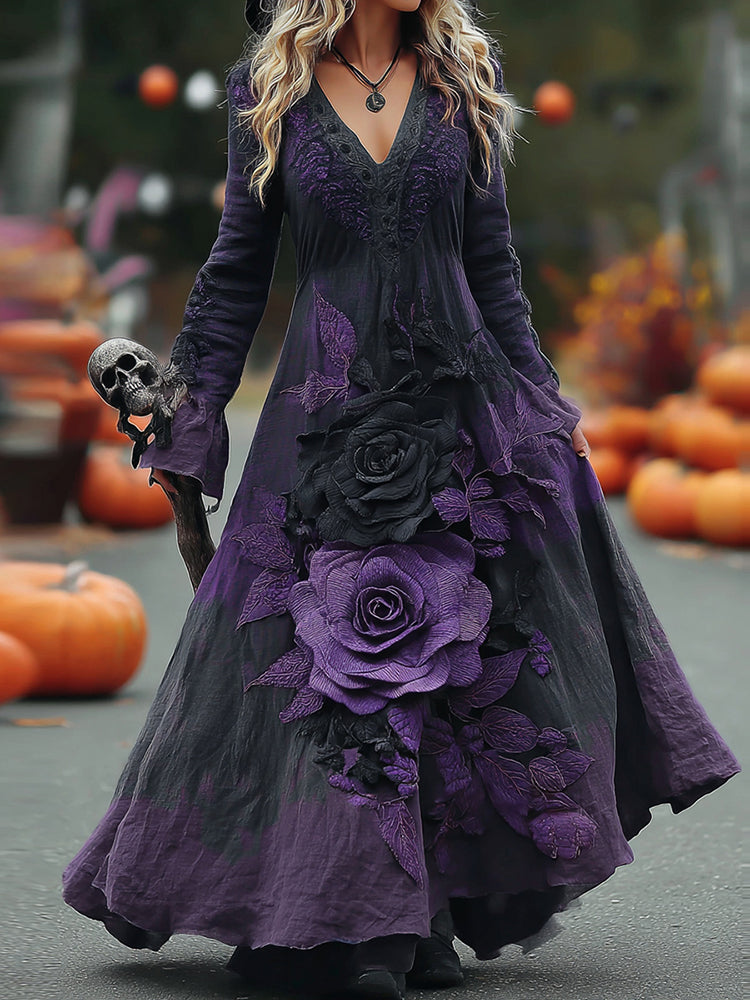 Women's Classic Halloween Purple Rose Art Comfy Linen Maxi Dress