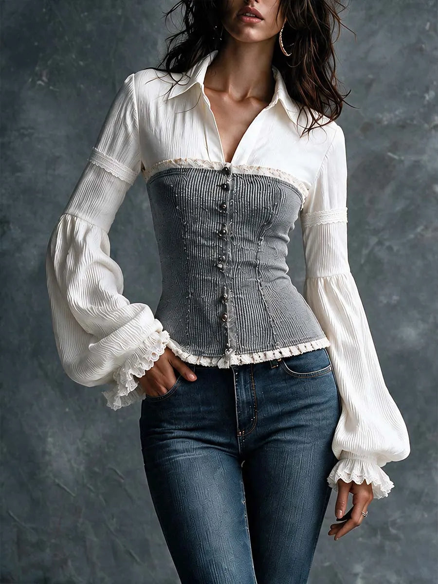 Faux Two-Piece Shirt And Ribbed Corset Top